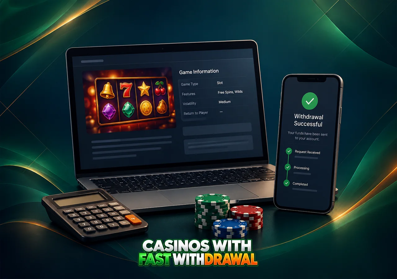A slot game and green payout check share the screen with chips